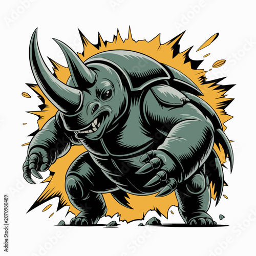 Foto Illustration of a charging rhinoceros with explosion.