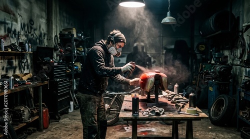 Mechanic Spray Painting Motorcycle Parts in a Dark Industrial Workshop Garage