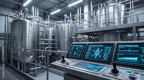 Bild auf Leinwand Industrial chemical manufacturing plant with large stainless steel tanks and dig