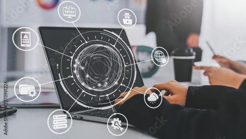 Foto Software development with coding overlays, programming languages, developer tools, mobile app creation, and advanced programming for digital product development and software solutions
