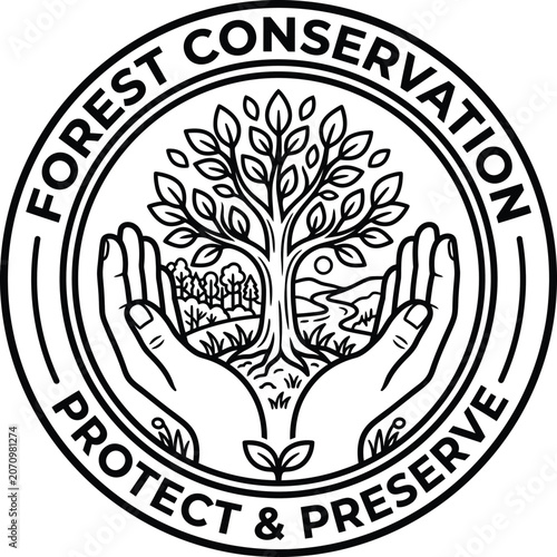 Hands holding tree symbol for forest conservation and preservation