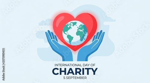 An illustrative depiction showing blue hands holding a globe inside a large red heart for International