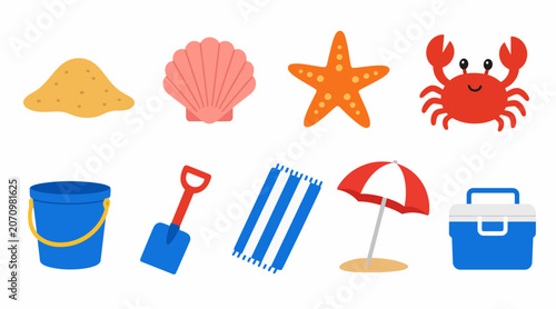Colorful Beach Icons for Summer Vacation Design.