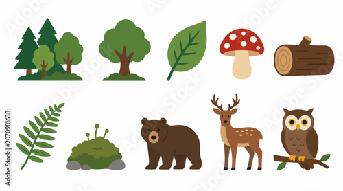 Valokuva Colorful Forest Wildlife and Nature Icons Collection.