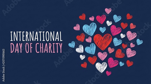 A festive blue graphic design promoting the International Day of Charity with numerous sketched hearts
