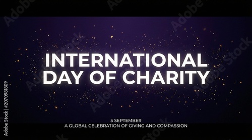 An elegant purple background displays International Day of Charity text with golden floating particles