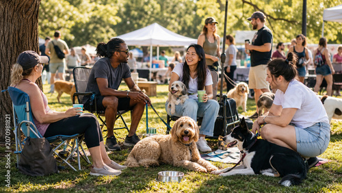 Diverse group of people relaxing with dogs at an outdoor park gathering, enjoying conversation, sunshine, and a friendly community atmosphere.