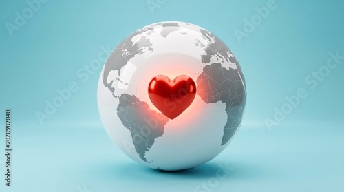 A glossy three dimensional red heart floating in front of a shiny white world globe on blue background