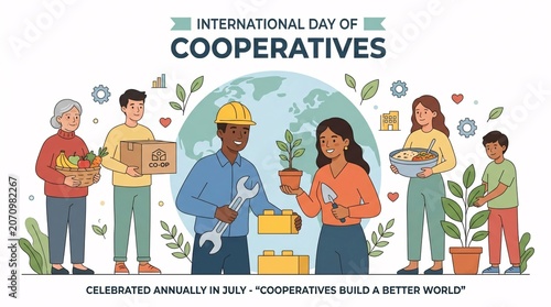 A vibrant illustration of diverse people collaborating to celebrate the International Day of Cooperatives