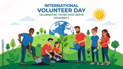 A vibrant group of diverse volunteers working together to plant trees and care for the environment
