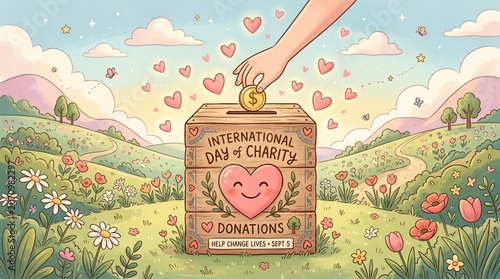 A person dropping a coin into a wooden donation box during the International Day of Charity celebration