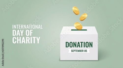 A digital illustration of a donation box with falling gold coins celebrating International Day of Charity