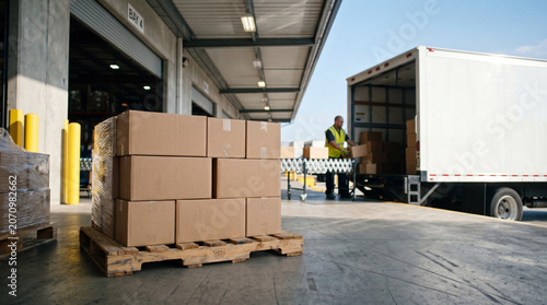 Cuadro en lienzo Warehouse worker loading cardboard boxes onto a delivery truck at a distribution