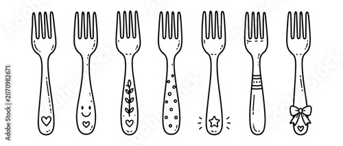 Foto Fork doodle set. Hand drawn doodle set on white background