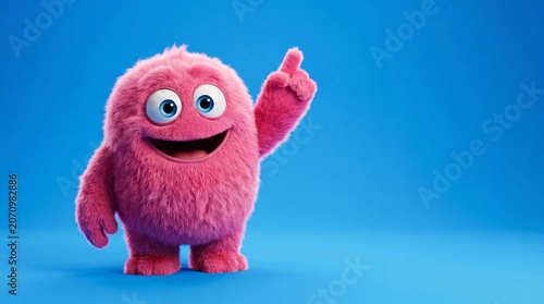 Fotografi Cheerful pink furry monster character pointing up with a big smile on a solid bl