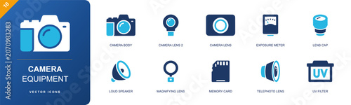 Cuadro en lienzo Camera equipment icon set containing camera body, camera lens, exposure meter, lens cap, magnifying lens, memory card, telephoto lens, UV filter, speaker and more, solid fill vector icons
