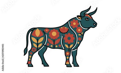 Bull silhouette decorated with stylized floral folk art patterns in vibrant teal ochre and red on a white background, creative cultural design concept