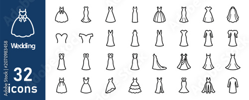 Cuadro en lienzo Wedding Dresses and Gowns Line Icons Set