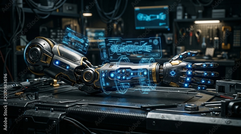 Fototapeta premium Futuristic Robotic Arm with Holographic Interface in High-Tech Engineering Workshop
