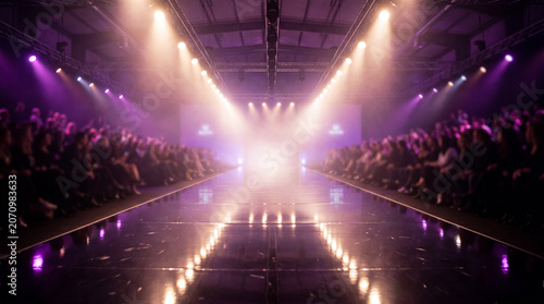 Fashion show runway with bright stage lighting and seated audience in a dark event hall with purple atmosphere