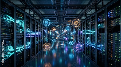 Futuristic Data Center with Glowing Network Connections and Cloud Computing Infrastructure Concept