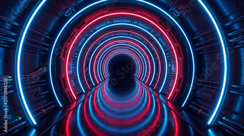Fotografie Futuristic sci-fi spaceship corridor with glowing red and blue neon lights in a