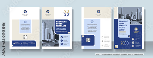 Brochure cover creative design. Multipurpose universal template, include cover and back pages. 
Trendy flat geometric style. Two sample layouts and color schemes. Vertical book a4 format. Scale 3:1