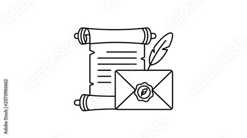 Scroll and Sealed Letter with Quill Pen Line Icon