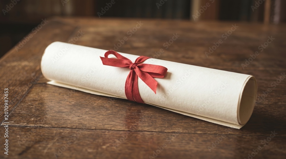 Fototapeta premium A rolled diploma or certificate tied with a red ribbon on a wooden table