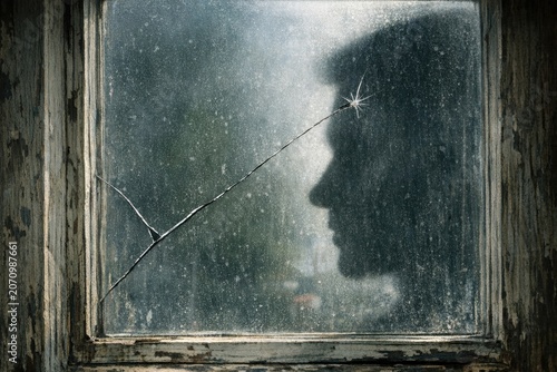 A close-up view of a man's face through a broken window, with debris and shattered glass surrounding him