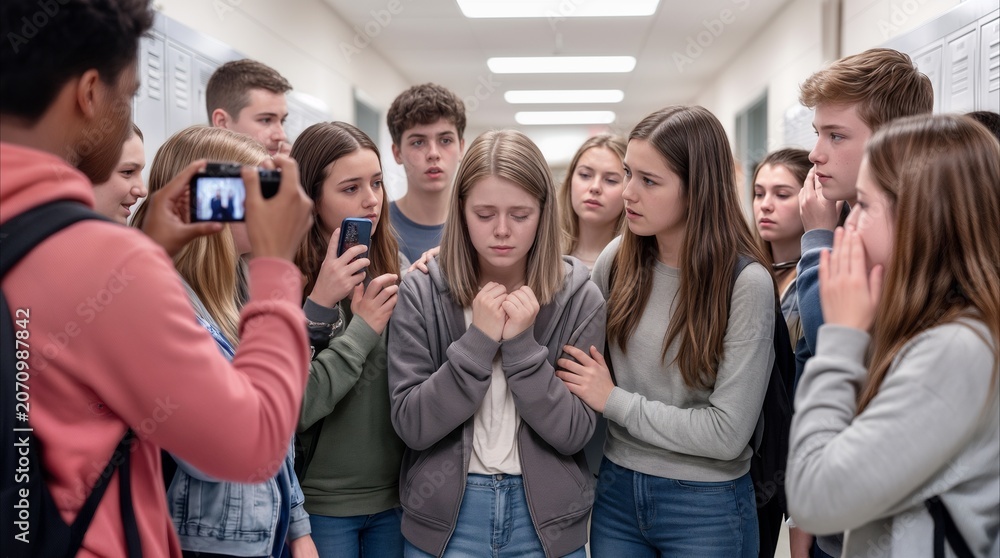Fototapeta premium Bullying victim surrounded by peers in school hallway. Sad teenage girl being filmed and photographed by classmates during conflict at high school.