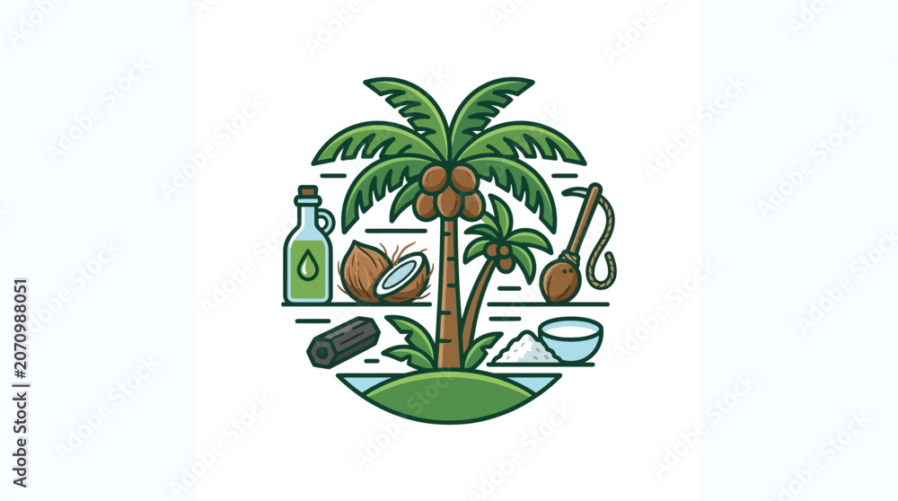 Fototapeta premium Coconut Products Icon Set with Palm Tree Illustration