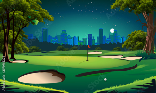 Night Golf Course with City Skyline