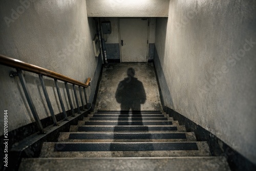 A person is walking down a set of stairs, with the staircase and surrounding area in focus