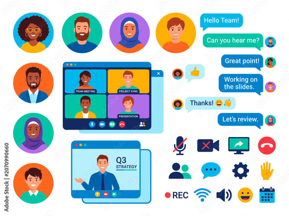 Fototapeta premium Diverse group of people participating in a video conference call with chat bubbles and communication icons
