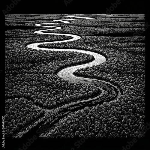 An Expansive High-Altitude Overhead Scratchboard Illustration for Geography School Textbook

