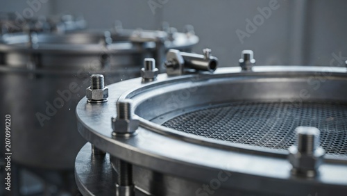 Industrial filter housing sits on the production floor with heavy bolts and circular metal mesh components attached.