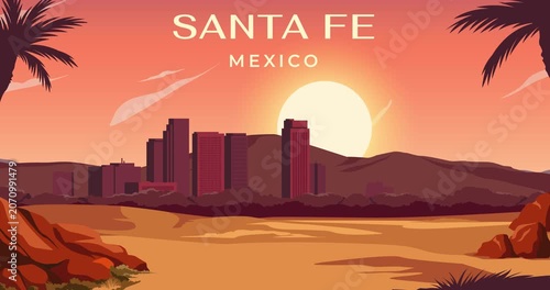 Travel destination motion graphics. Skyline of Santa Fe, New Mexico. Beautiful cityscape with skyscrapers against backdrop of sunset sky and mountains. Tourism and journey. Animated cartoon