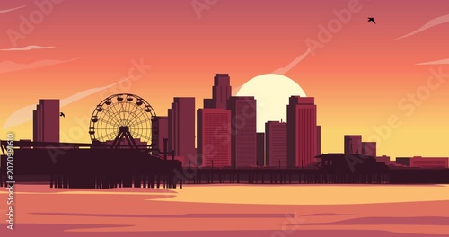 Ocean City motion design. Beautiful skyline of Baltimore, Maryland. Cityscape with downtown skyscrapers and Ferris wheel on ocean shore. Seaside urban landscape. Animated graphics