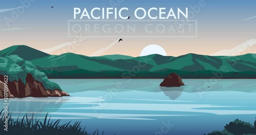 Oregon Coast Pacific Ocean Landscape. Motion graphic banner with lush green hills and rugged shoreline. Beautiful coastal scenery. Animated cartoon