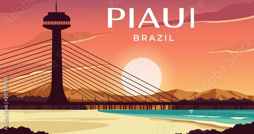 Travel destination motion design. Vintage banner with skyline of Piaui state, Brazil. Seascape with silhouette of tower and architectural landmarks on seashore. Animated graphics