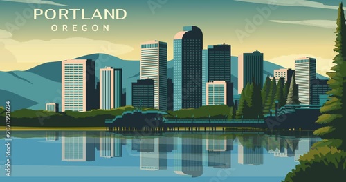 Travel destination motion design. Stunning skyline of Portland, Oregon. Landscape of American city with downtown skyscrapers and Mount Hood on Pacific Ocean coast. Animated graphics