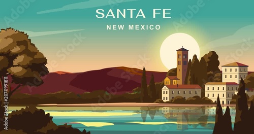 Travel destination motion graphics. Beautiful cityscape of Santa Fe, New Mexico with colorful sunset sky, urban architecture and mountain backdrop. Tourism and journey. Animated cartoon