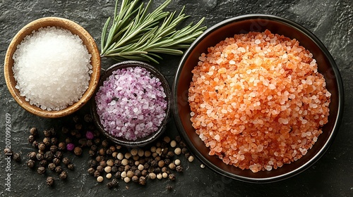 Various salts, peppercorns, and rosemary on dark surface.