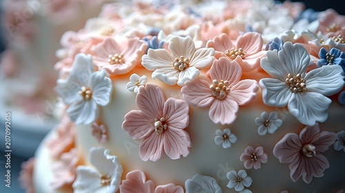 Close-up of a two-tiered wedding cake adorned with delicate pastel fondant flowers.