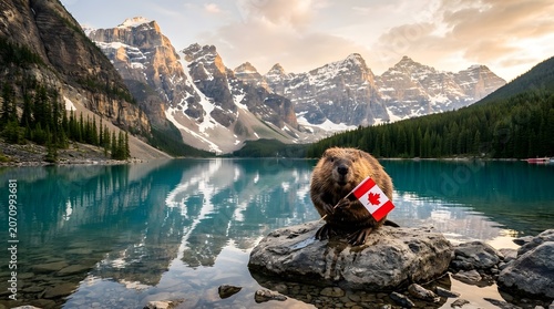 Cute Canadian Beaver Holding National Flag Near Lake Water Symbolizing Canada Day Celebration And Wildlife Heritage
