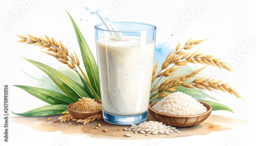 Elegant watercolor illustration of rice milk with rice grains and stalks, center