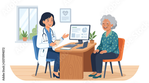 Medical professional consult patient in cheerful office provide healthcare advice for elderly wellness