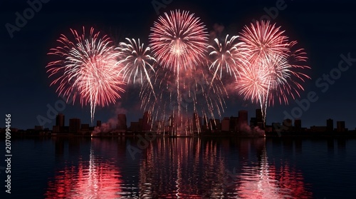 Spectacular Canada Day Fireworks Display Exploding Over River With Night Sky Illumination And Festive Holiday Celebration