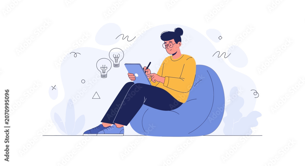 Obraz premium Creative Person Drawing on Tablet in Beanbag Chair, Idea Generation, Modern Flat Illustration Style